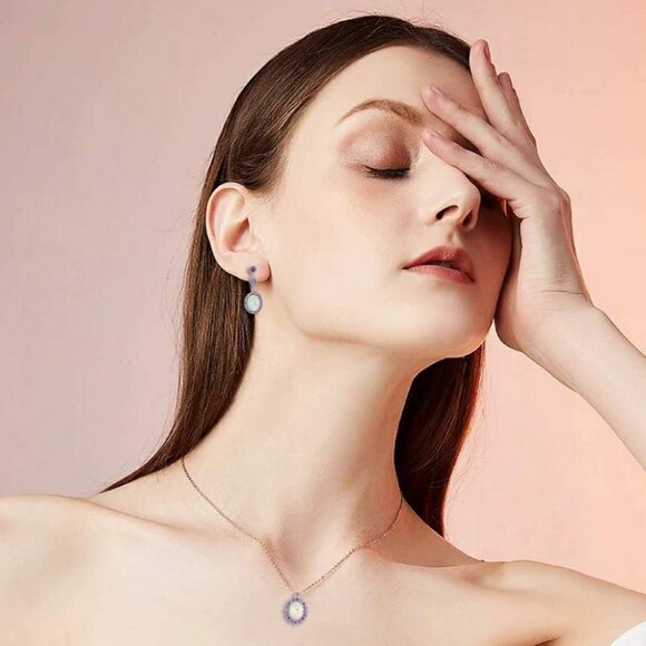 Fire Opal Amethyst Dangle Drop Earrings 18K White Gold/Rose Gold Plated Opal Jew - Picture 3 of 6